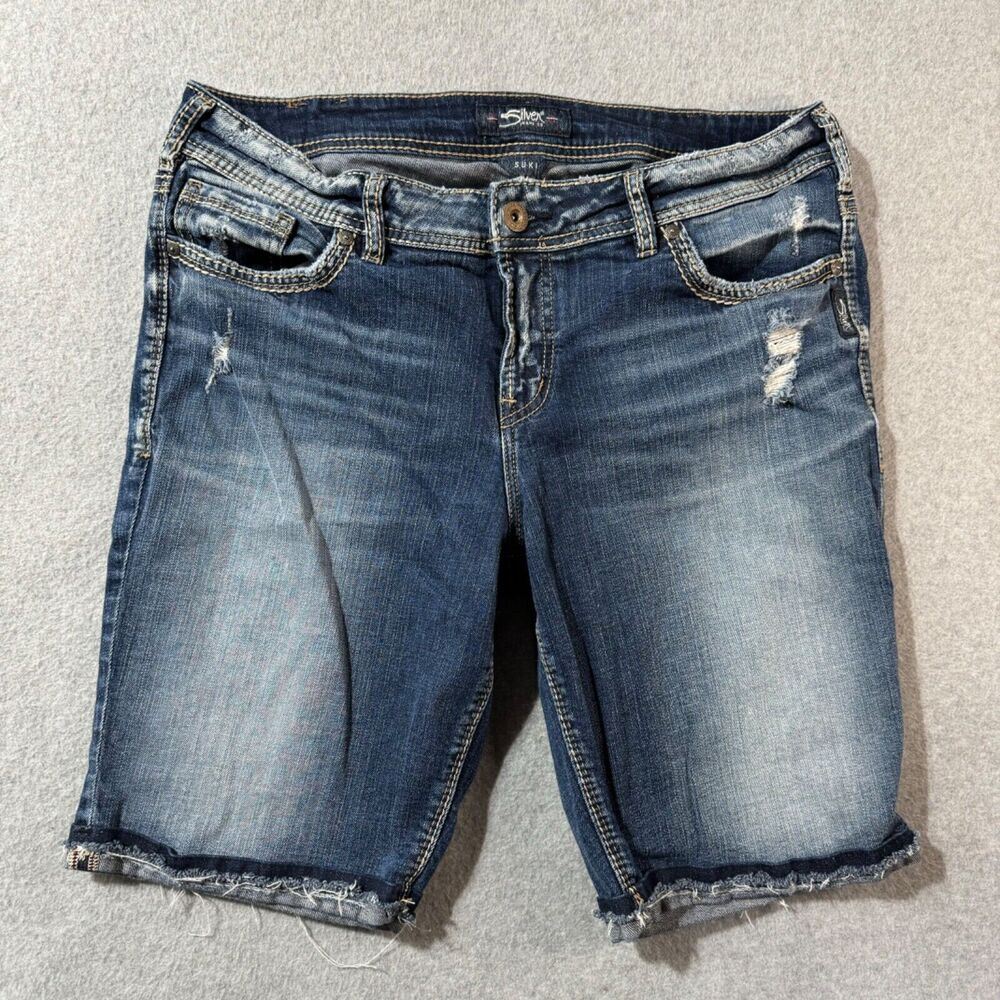 Silver Bermuda Womens 16 Suki Stretch Western Embroidered Solid Blue Washed